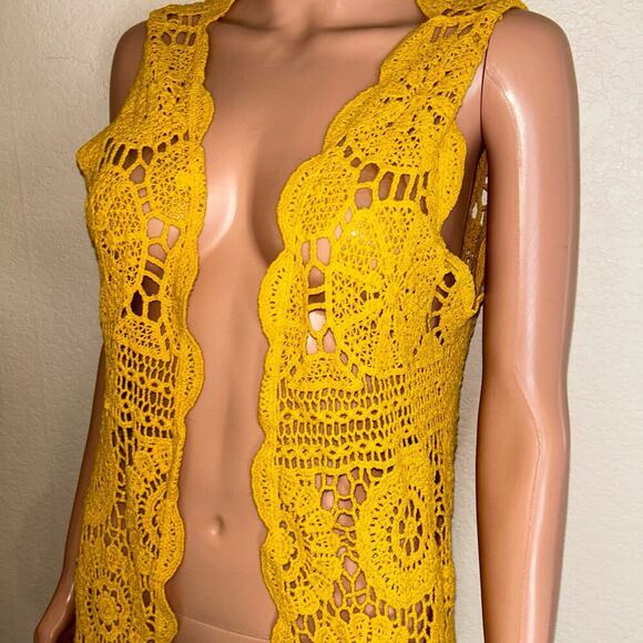 Anna-Kaci Mustard Yellow crochet cardigan swimsuit coverup high low floral SZ SM - Picture 9 of 9